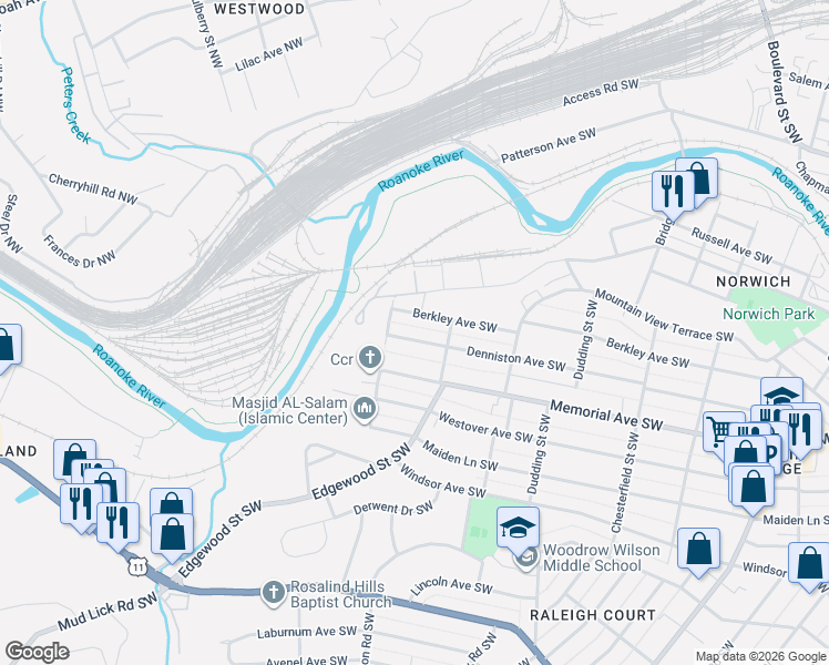 map of restaurants, bars, coffee shops, grocery stores, and more near 2522 Denniston Avenue Southwest in Roanoke