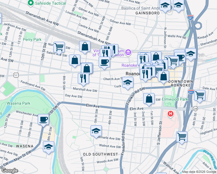 map of restaurants, bars, coffee shops, grocery stores, and more near 402 Luck Avenue Southwest in Roanoke