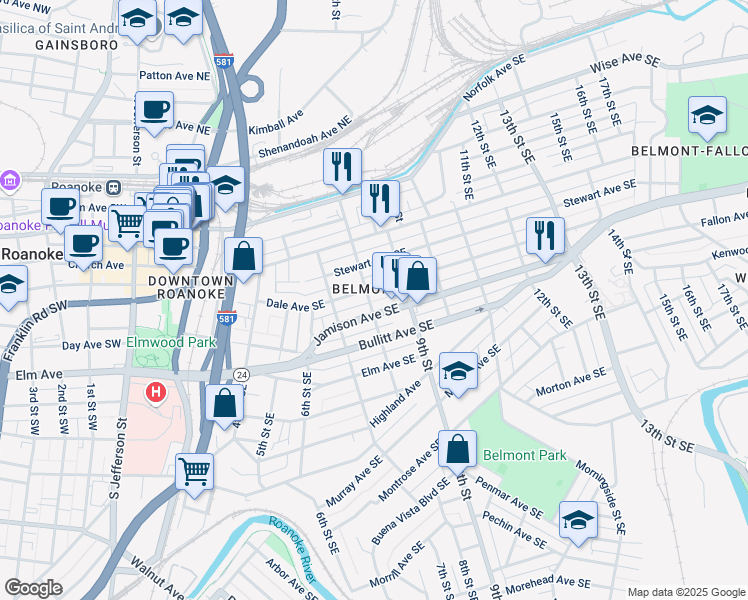 map of restaurants, bars, coffee shops, grocery stores, and more near 508 8th Street Southeast in Roanoke