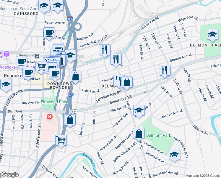 map of restaurants, bars, coffee shops, grocery stores, and more near in Roanoke