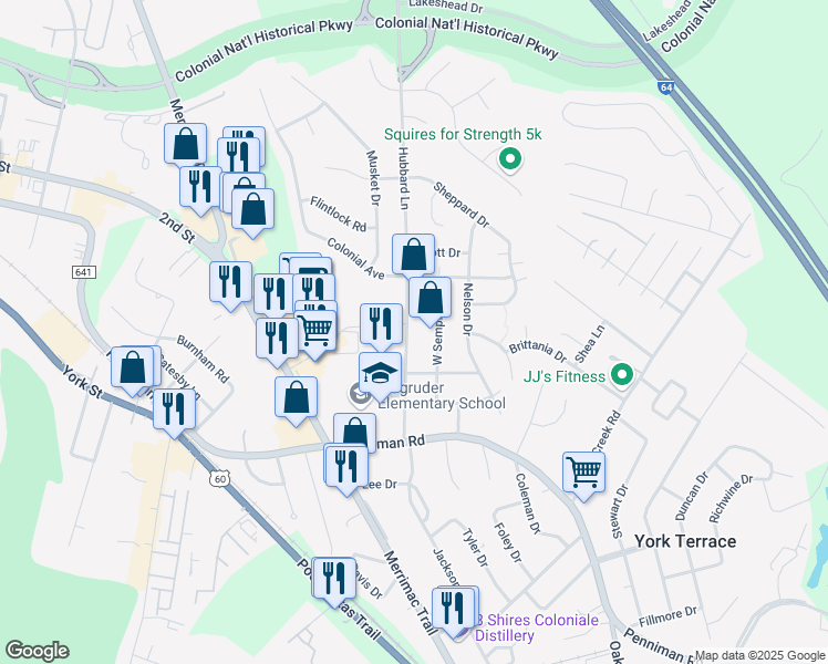 map of restaurants, bars, coffee shops, grocery stores, and more near 211 Hubbard Lane in Williamsburg