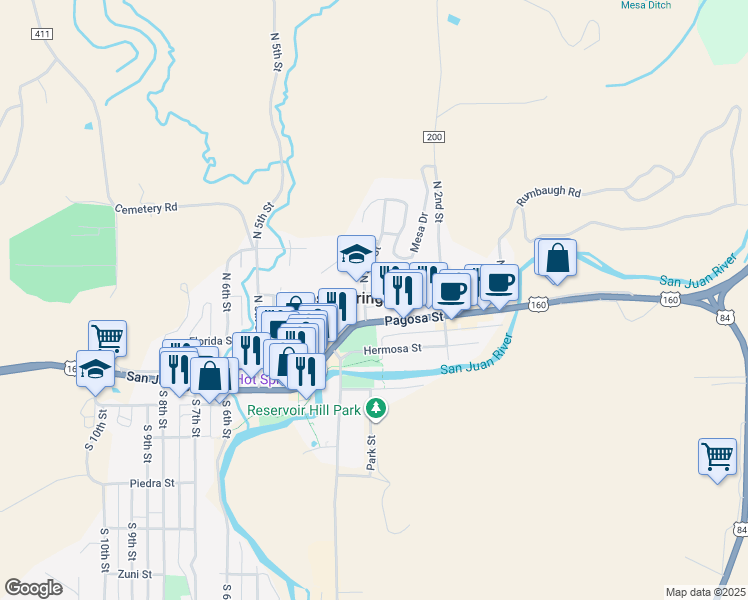 map of restaurants, bars, coffee shops, grocery stores, and more near 102 North 3rd Street in Pagosa Springs