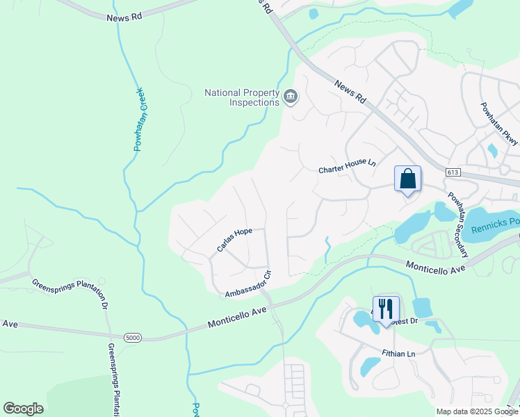 map of restaurants, bars, coffee shops, grocery stores, and more near 4063 Ambassador Circle in Williamsburg