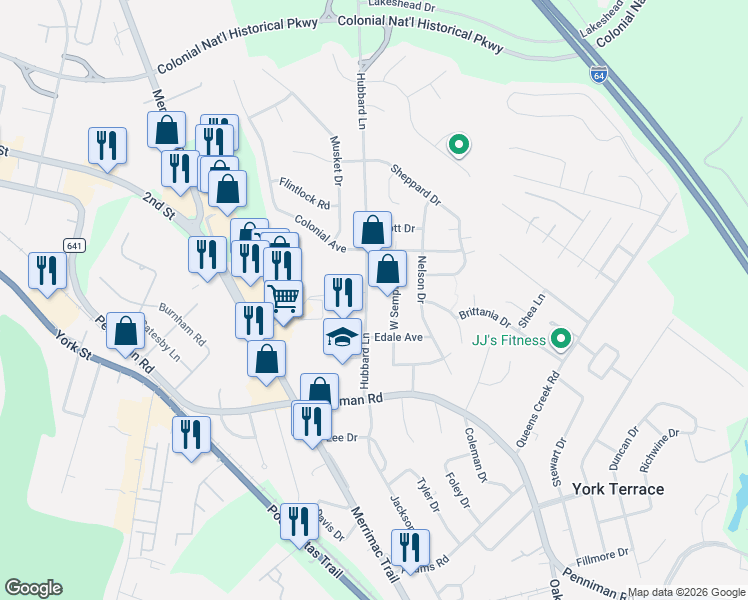 map of restaurants, bars, coffee shops, grocery stores, and more near 208 Hubbard Lane in Williamsburg