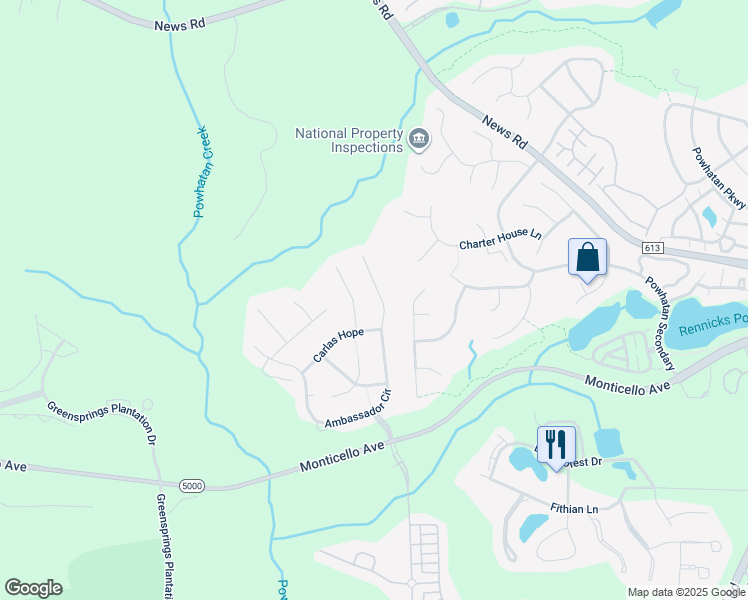 map of restaurants, bars, coffee shops, grocery stores, and more near 4063 Ambassador Circle in Williamsburg