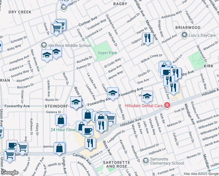map of restaurants, bars, coffee shops, grocery stores, and more near 2917 Quinto Way in San Jose