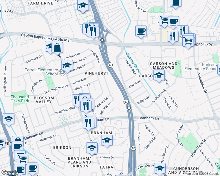 map of restaurants, bars, coffee shops, grocery stores, and more near 4378 Heppner Lane in San Jose