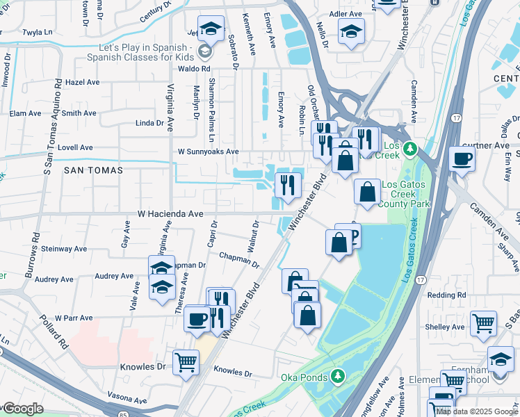 map of restaurants, bars, coffee shops, grocery stores, and more near 1221 Walnut Drive in Campbell
