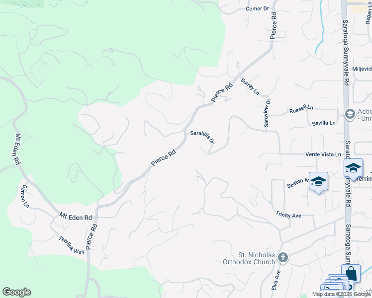 map of restaurants, bars, coffee shops, grocery stores, and more near 21412 Sarahills Court in Saratoga