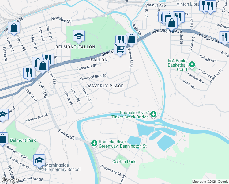 map of restaurants, bars, coffee shops, grocery stores, and more near 1918 Greenbrier Avenue Southeast in Roanoke