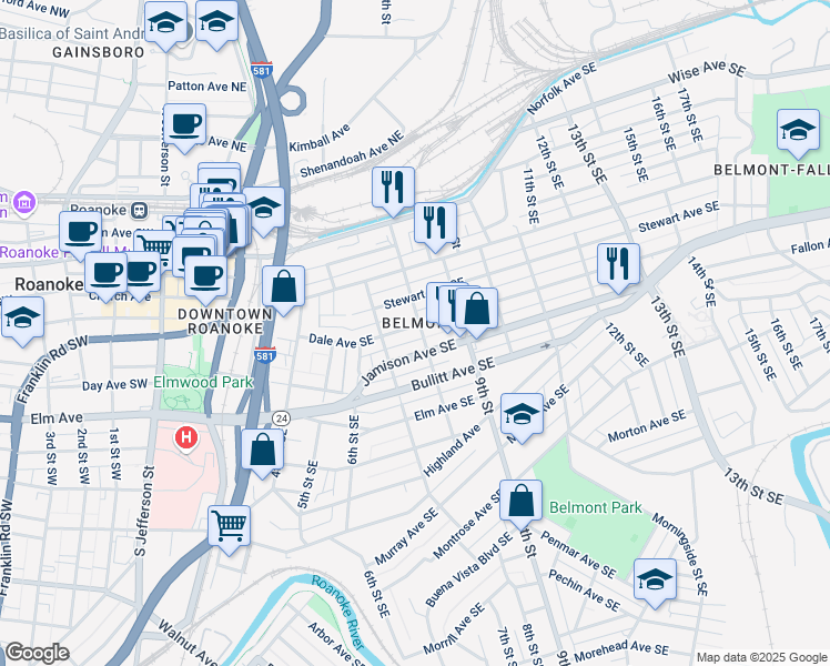 map of restaurants, bars, coffee shops, grocery stores, and more near in Roanoke