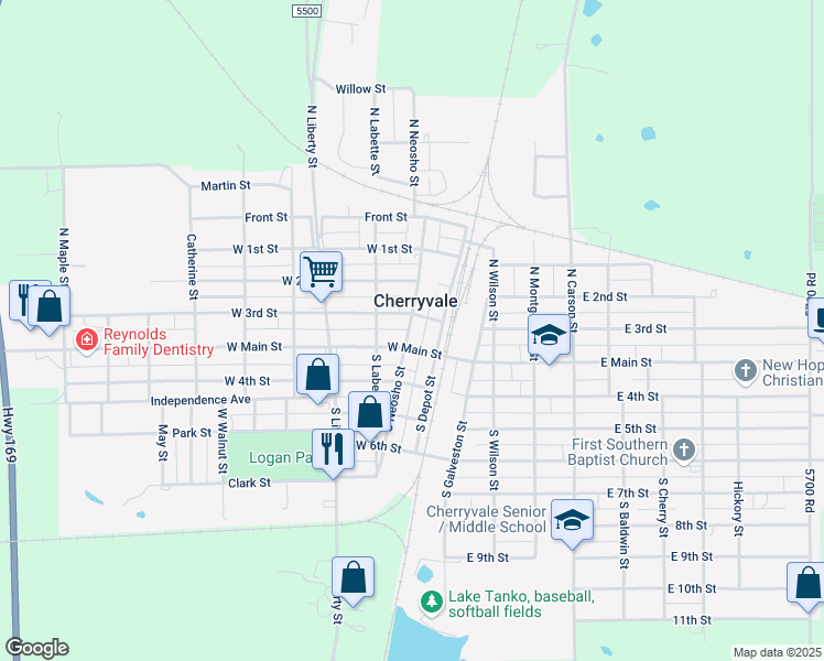 map of restaurants, bars, coffee shops, grocery stores, and more near 200-298 West Main Street in Cherryvale