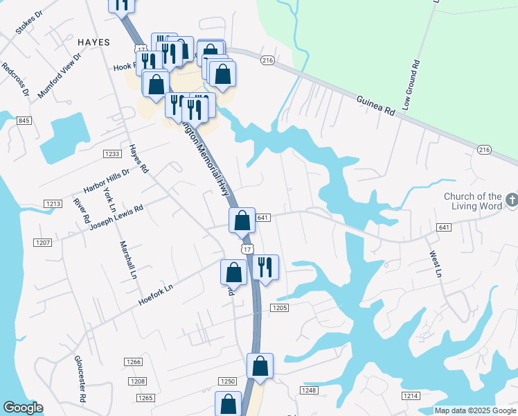 map of restaurants, bars, coffee shops, grocery stores, and more near 7671 Tidemill Road in Gloucester Point
