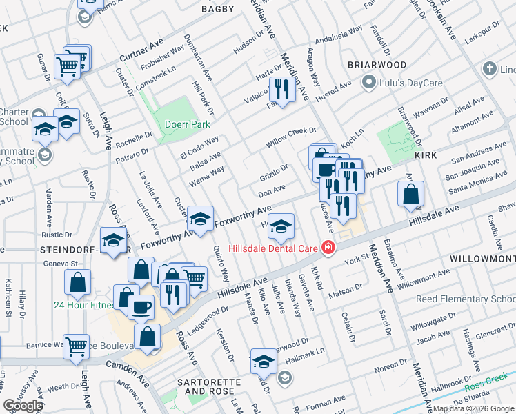 map of restaurants, bars, coffee shops, grocery stores, and more near 1729 Foxworthy Avenue in San Jose