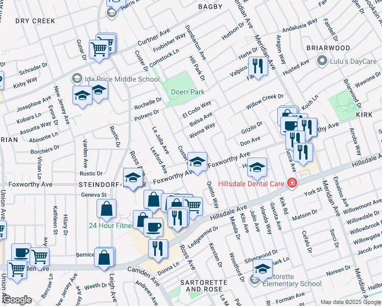 map of restaurants, bars, coffee shops, grocery stores, and more near 2917 Quinto Way in San Jose