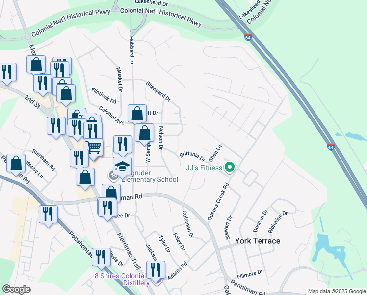 map of restaurants, bars, coffee shops, grocery stores, and more near 105 Rusty Court in Williamsburg
