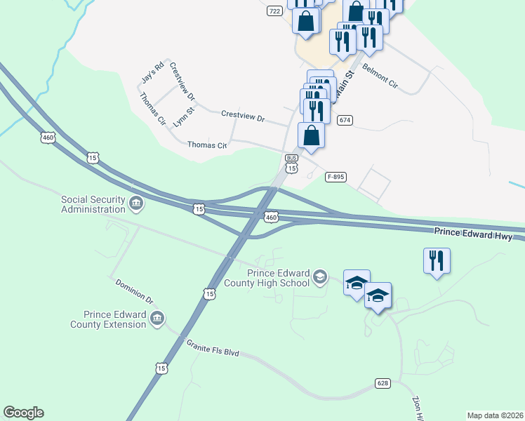 map of restaurants, bars, coffee shops, grocery stores, and more near 17060-17288 Prince Edward Highway in Farmville