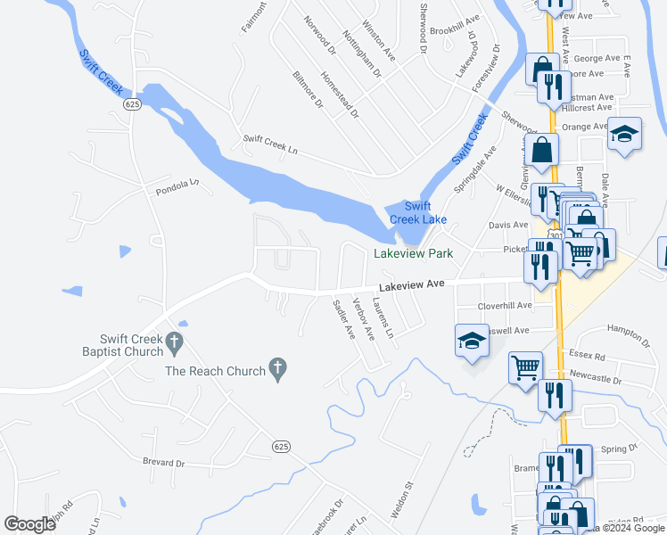 map of restaurants, bars, coffee shops, grocery stores, and more near 134 Lakeside Drive in Colonial Heights