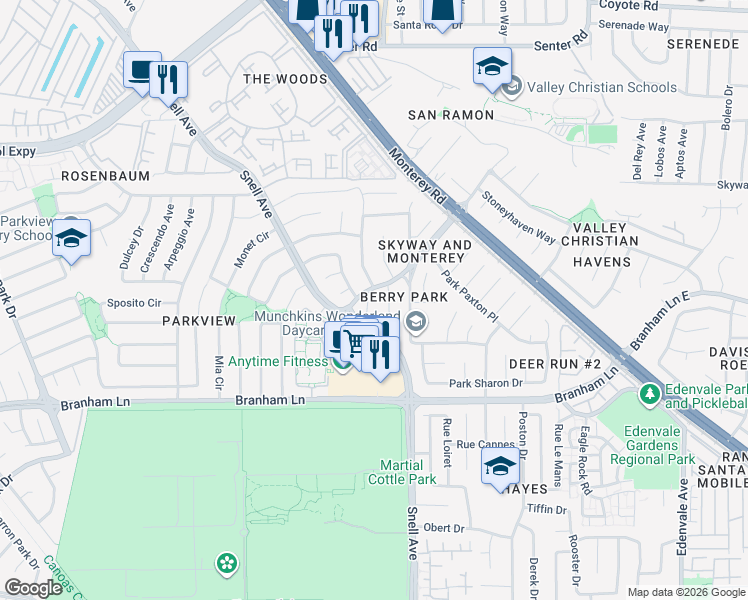 map of restaurants, bars, coffee shops, grocery stores, and more near 4466 Illsley Court in San Jose