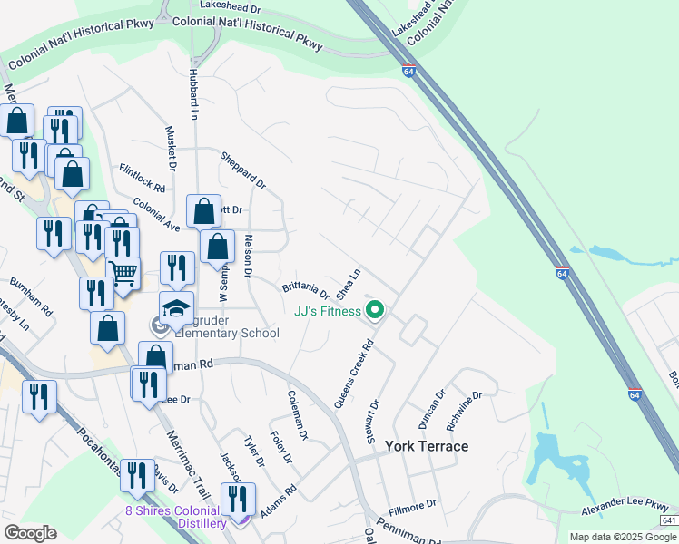 map of restaurants, bars, coffee shops, grocery stores, and more near 102 Trafalgar Court in Williamsburg