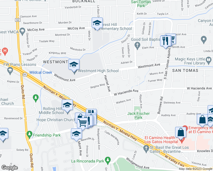 map of restaurants, bars, coffee shops, grocery stores, and more near 1770 Regina Way in Campbell