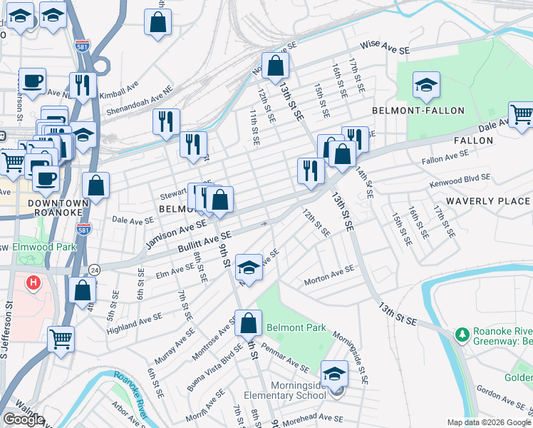 map of restaurants, bars, coffee shops, grocery stores, and more near 1038 Bullitt Ave SE in Roanoke