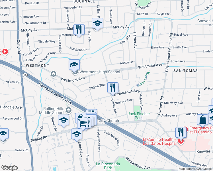 map of restaurants, bars, coffee shops, grocery stores, and more near 1770 Regina Way in Campbell