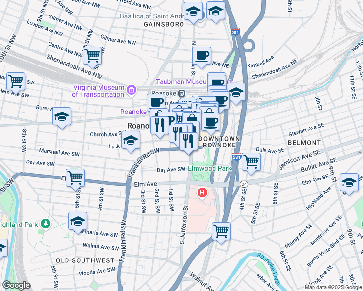map of restaurants, bars, coffee shops, grocery stores, and more near 601 South Jefferson Street in Roanoke