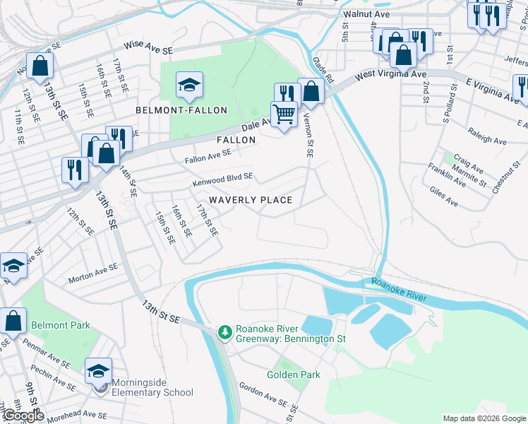 map of restaurants, bars, coffee shops, grocery stores, and more near 1903 Clinton Avenue Southeast in Roanoke