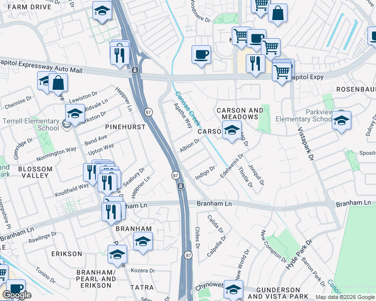 map of restaurants, bars, coffee shops, grocery stores, and more near 690 Albion Drive in San Jose