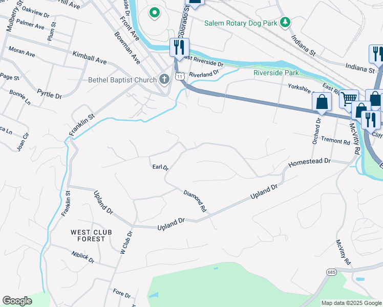 map of restaurants, bars, coffee shops, grocery stores, and more near 500 Diamond Road in Salem