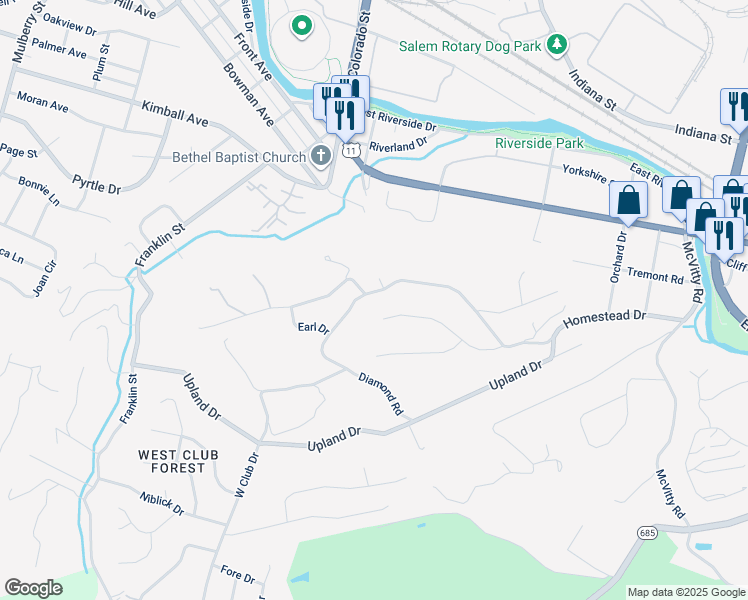 map of restaurants, bars, coffee shops, grocery stores, and more near 500 Diamond Road in Salem
