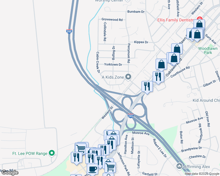 map of restaurants, bars, coffee shops, grocery stores, and more near 510 Nottingham Court in Hopewell