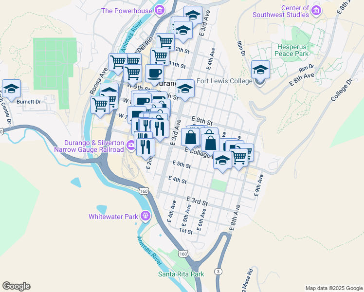 map of restaurants, bars, coffee shops, grocery stores, and more near 353 East College Drive in Durango