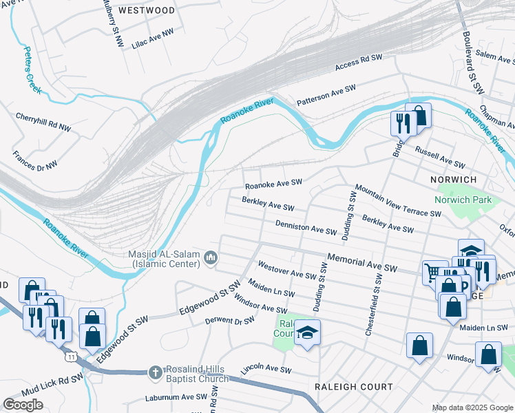 map of restaurants, bars, coffee shops, grocery stores, and more near 2522 Denniston Avenue Southwest in Roanoke