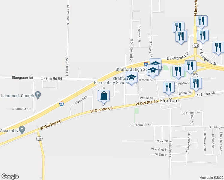 map of restaurants, bars, coffee shops, grocery stores, and more near 117 South Cedar Drive in Strafford