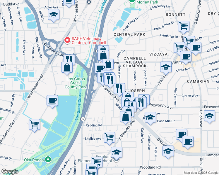 map of restaurants, bars, coffee shops, grocery stores, and more near 1350 Camden Avenue in Campbell