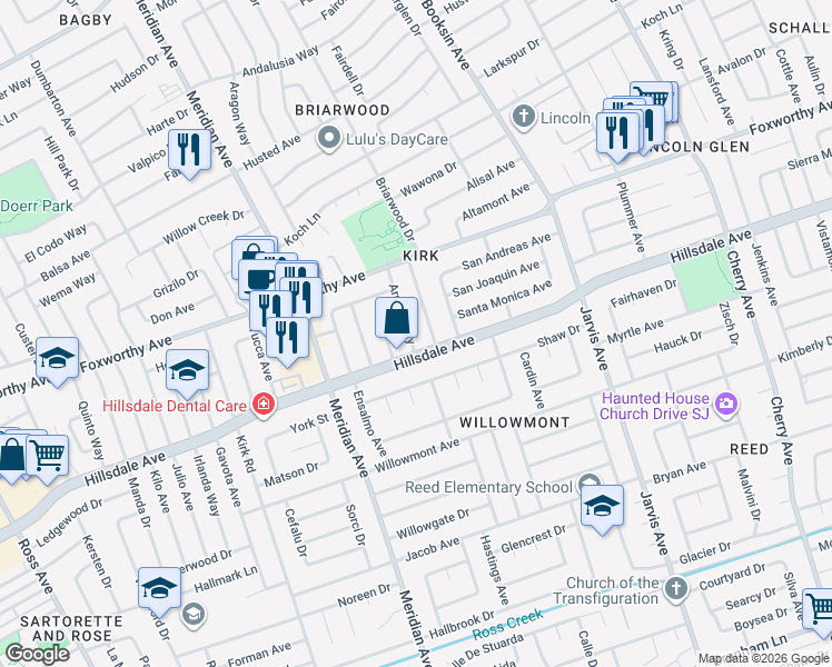 map of restaurants, bars, coffee shops, grocery stores, and more near 3178 Arroba Way in San Jose