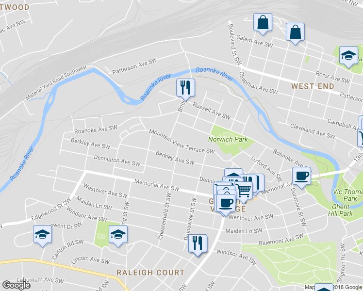 map of restaurants, bars, coffee shops, grocery stores, and more near Mountain View Terrace Southwest in Roanoke