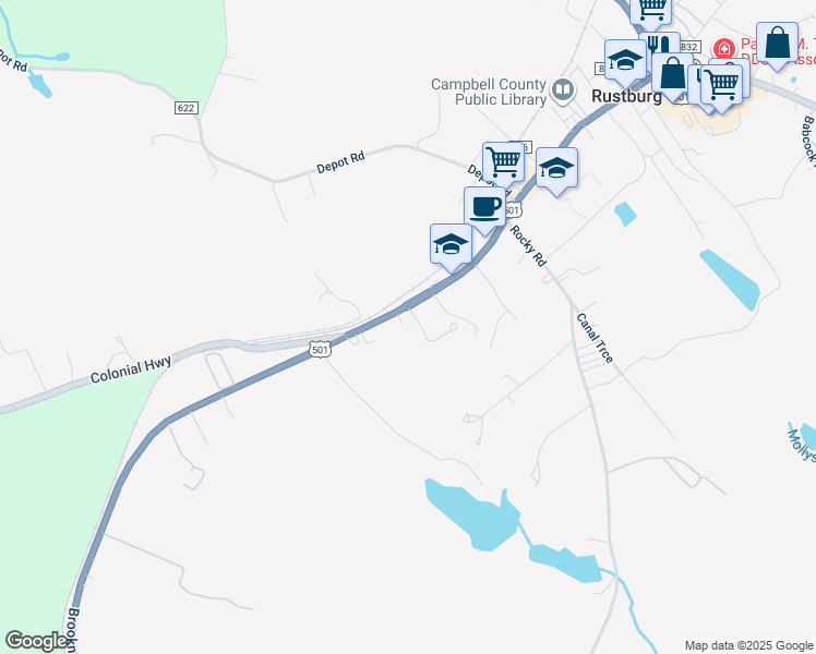 map of restaurants, bars, coffee shops, grocery stores, and more near 123 Village Highway in Rustburg