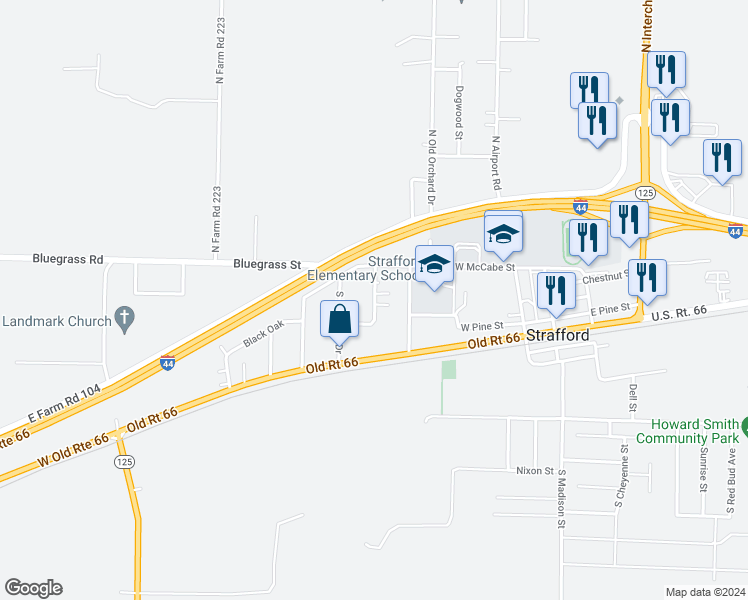 map of restaurants, bars, coffee shops, grocery stores, and more near 119 South Cedar Drive in Strafford