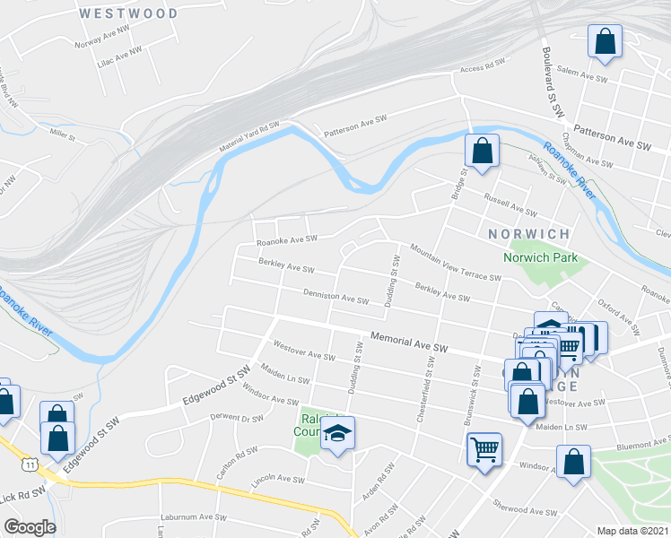 map of restaurants, bars, coffee shops, grocery stores, and more near 2401 Berkley Avenue Southwest in Roanoke