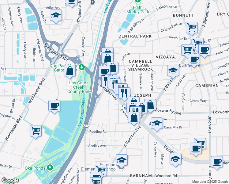 map of restaurants, bars, coffee shops, grocery stores, and more near 1350 Camden Avenue in Campbell