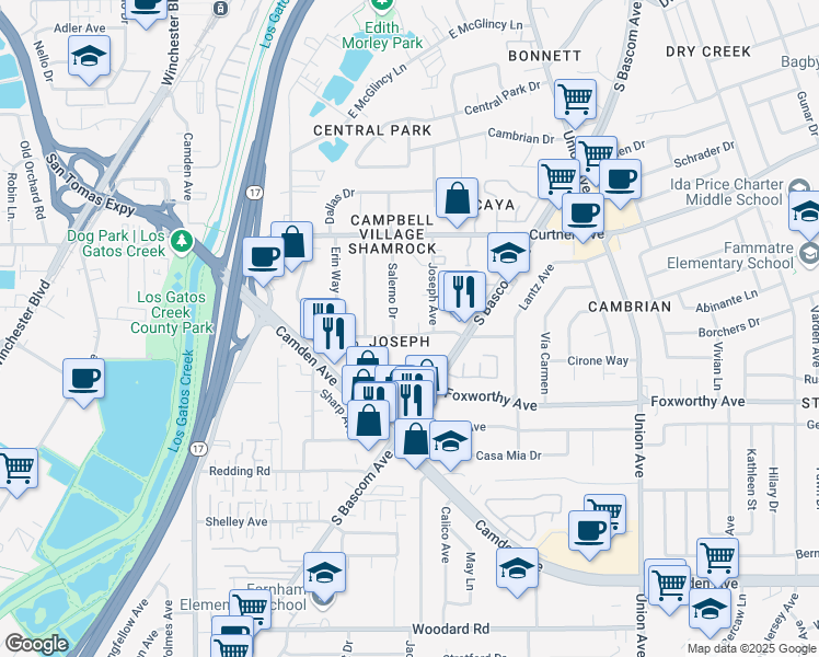 map of restaurants, bars, coffee shops, grocery stores, and more near 450 Shamrock Drive in Campbell