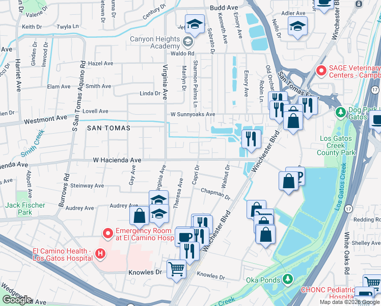 map of restaurants, bars, coffee shops, grocery stores, and more near 700 West Hacienda Avenue in Campbell