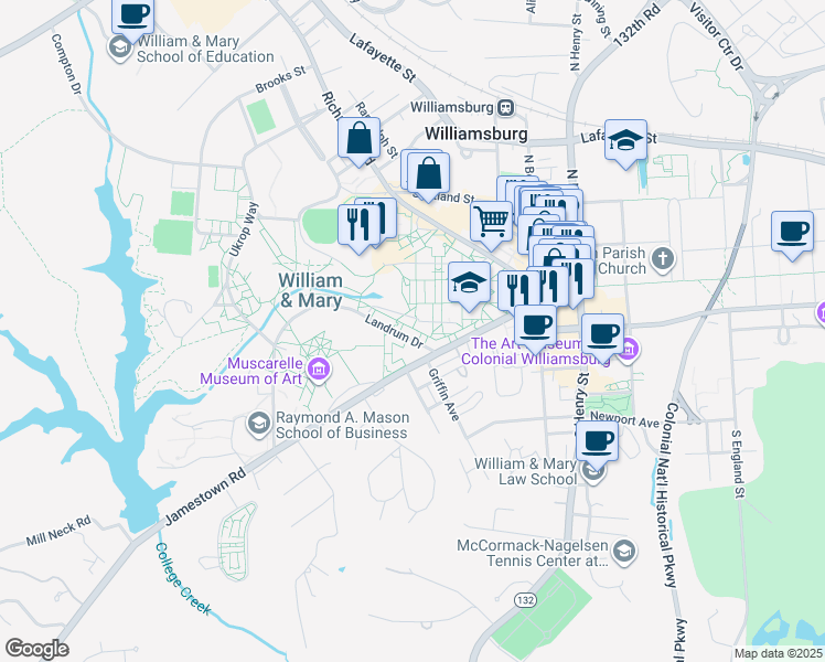 map of restaurants, bars, coffee shops, grocery stores, and more near 692-714 Landrum Drive in Williamsburg