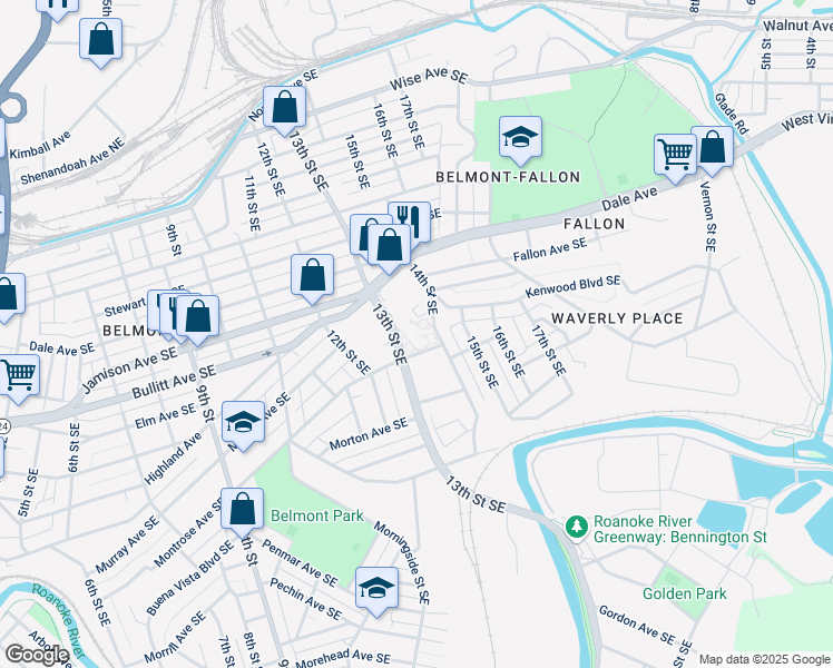 map of restaurants, bars, coffee shops, grocery stores, and more near 1313 Montrose Avenue Southeast in Roanoke