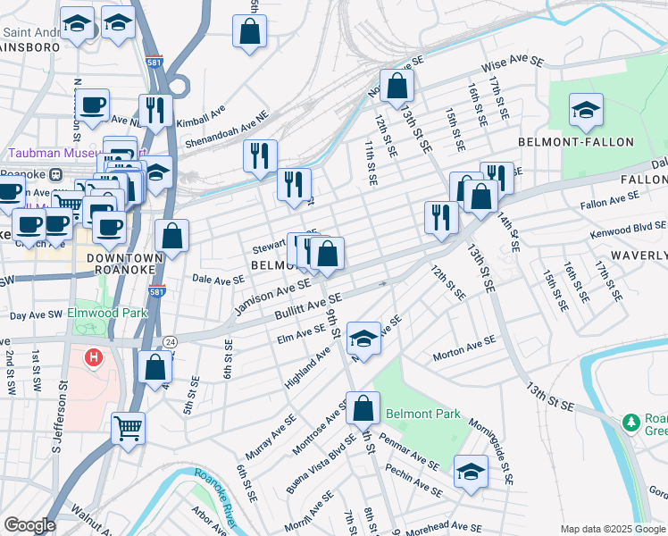 map of restaurants, bars, coffee shops, grocery stores, and more near 916 Bullitt Avenue Southeast in Roanoke
