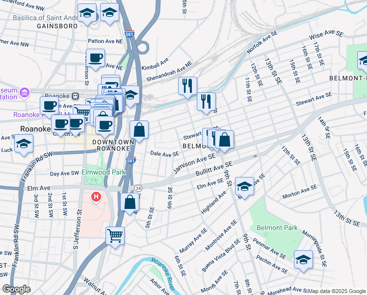 map of restaurants, bars, coffee shops, grocery stores, and more near 611 Dale Avenue Southeast in Roanoke