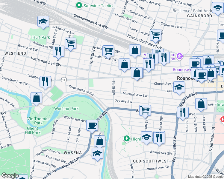 map of restaurants, bars, coffee shops, grocery stores, and more near 810 Marshall Avenue Southwest in Roanoke